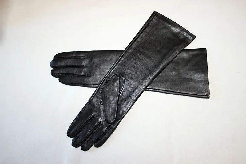 Touch Screen Extra Long Leather Sheepskin Gloves Women's Black Fashion Simple Straight Style Velvet Lining Winter Warm Sleeve