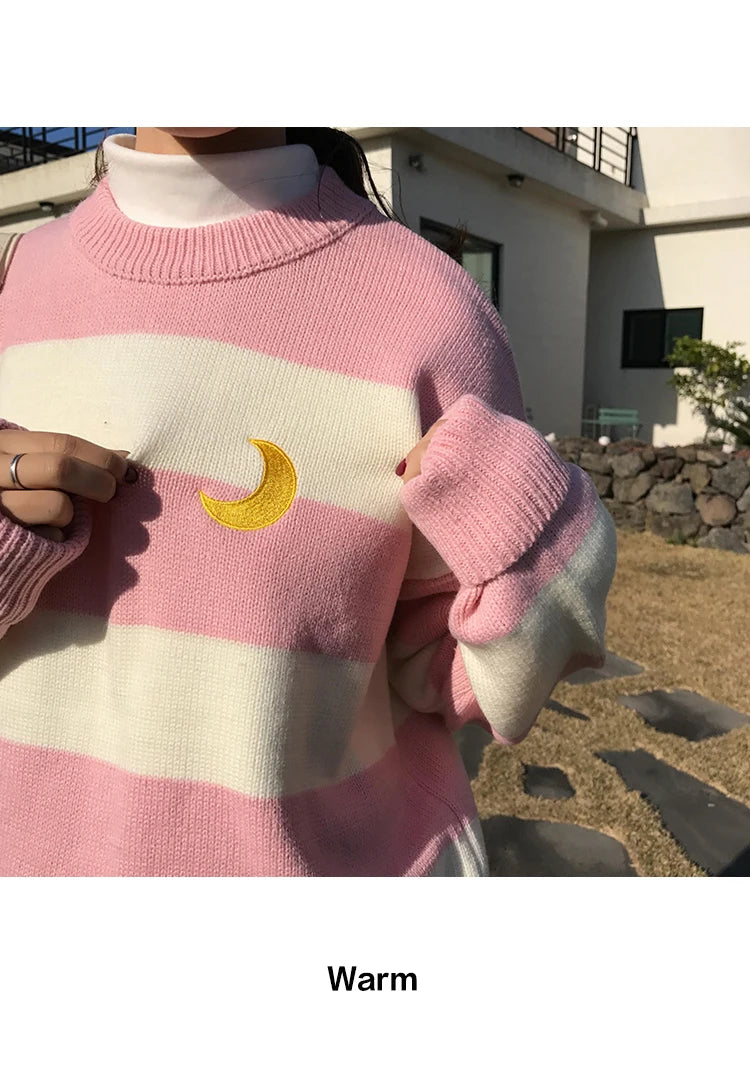Women's Sweaters Kawaii Ulzzang College Candy Color Stripes Moon Sets Embroidery Sweater Female Harajuku Clothing For Women