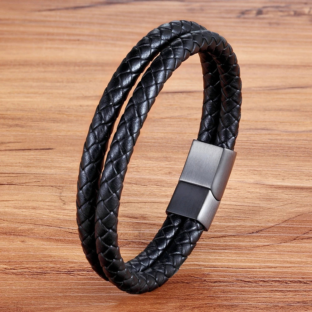 XQNI 11.11 Double Leather Combination Men's Stainless Steel Bracelet Three Color Button Selection Fashion Gift For Men Jewelry