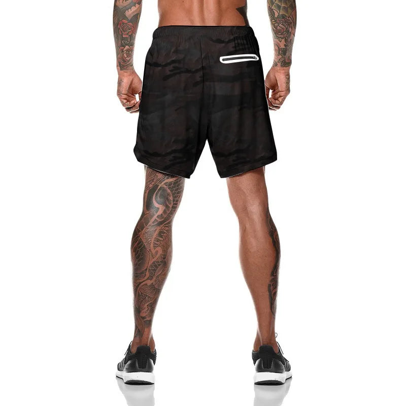 2024 European Men's Sports Summer New Double Layer Mobile Phone Pants Gym Exercise Jogging Training Shorts