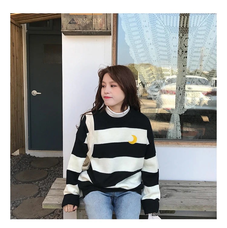Women's Sweaters Kawaii Ulzzang College Candy Color Stripes Moon Sets Embroidery Sweater Female Harajuku Clothing For Women