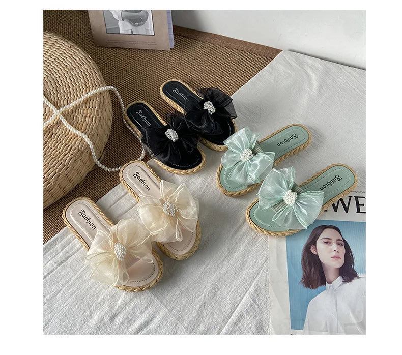 Women Summer Slippers Online Celebrity Slippers Ins New Joker Korean Fairy Wind Mesh Bow Word Drag Breathable Wear-resistant