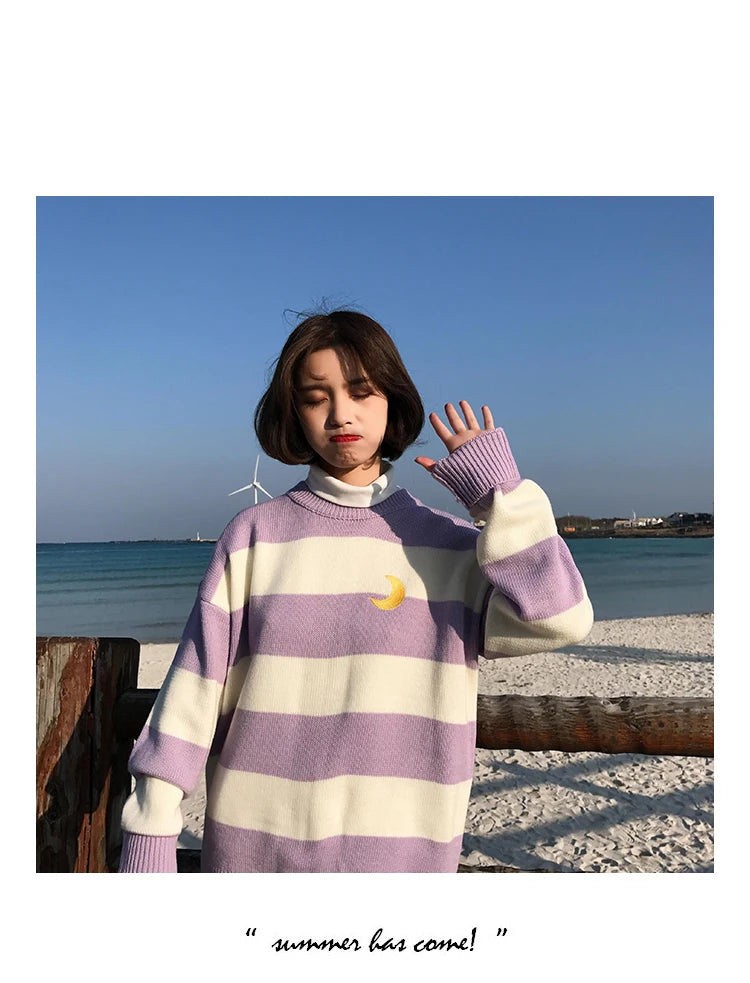 Women's Sweaters Kawaii Ulzzang College Candy Color Stripes Moon Sets Embroidery Sweater Female Harajuku Clothing For Women