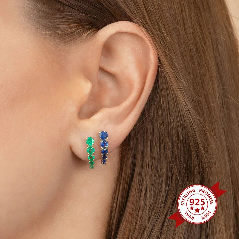 925 Sterling Silver Ear Buckle Green Series Crystal Cube Zircon Pendientes Hoop Earring Fashion Premium Huggie Jewelry For Women