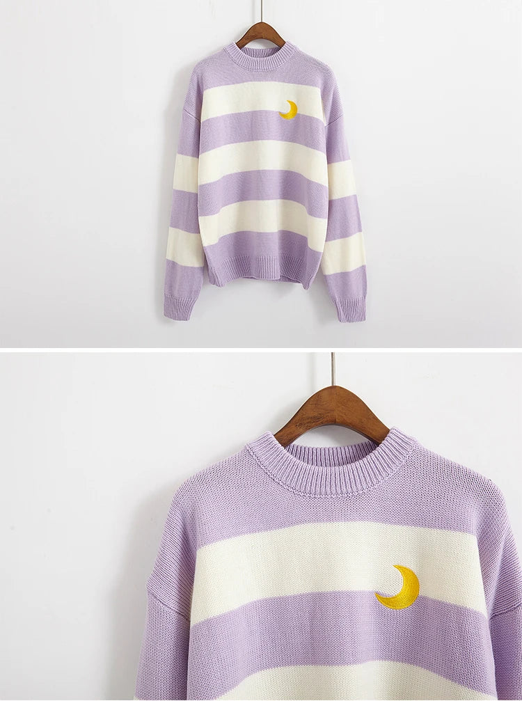 Women's Sweaters Kawaii Ulzzang College Candy Color Stripes Moon Sets Embroidery Sweater Female Harajuku Clothing For Women