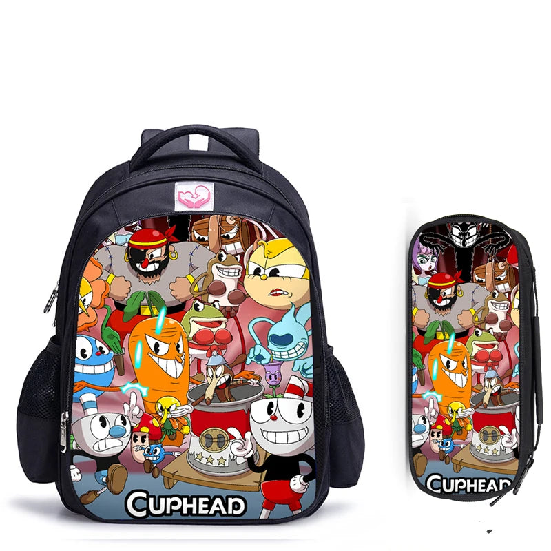 16 Inch Cuphead Game Mugman Children Backpack Lovely Schoolbag Boys and Girls Orthopedic Backpack Pencil Bag Sets
