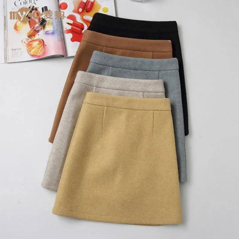 Woolen Skirt Women Winter Autumn Mini Skirts A Line Wrap Hip Korean Fashion A Line Harajuku Faldas Black Skirt