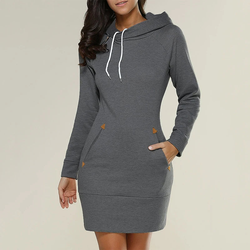 Women‘s Knee-Length Pockets Dress Hooded Warm Sweat Shirt Long Sleeve Side Zip Neckline Simple Casual Sports Skirt Viralgem Store