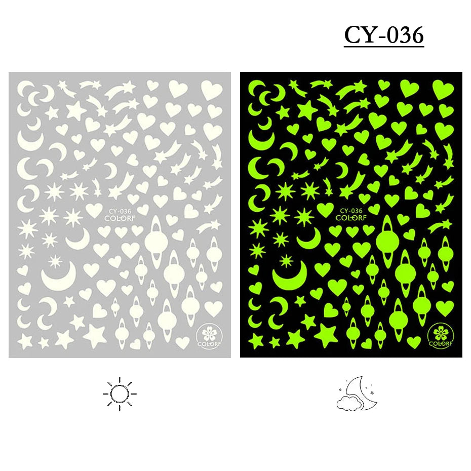 1pcs 3D Luminous Nail Stickers Flame Butterfly Star Moon Glitter Design Glow in The Dark Slider Manicure Decorations JICY028-036