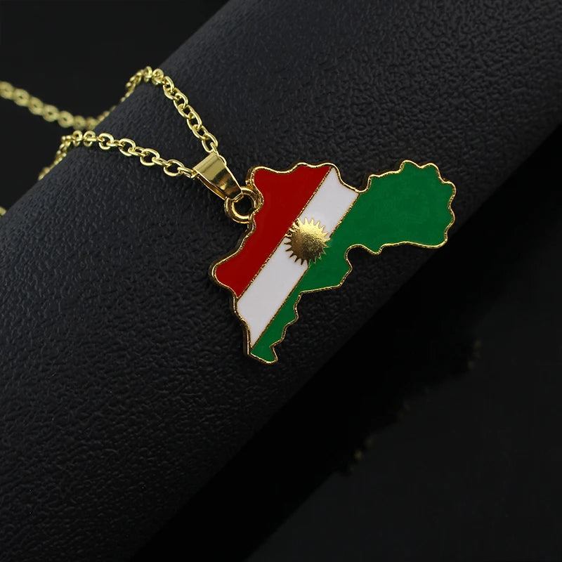 Stainless Steel Gold Silver Color Kurdistan Map Pendant Necklaces Kurdish Flag Map Jewelry