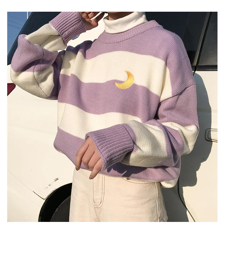 Women's Sweaters Kawaii Ulzzang College Candy Color Stripes Moon Sets Embroidery Sweater Female Harajuku Clothing For Women