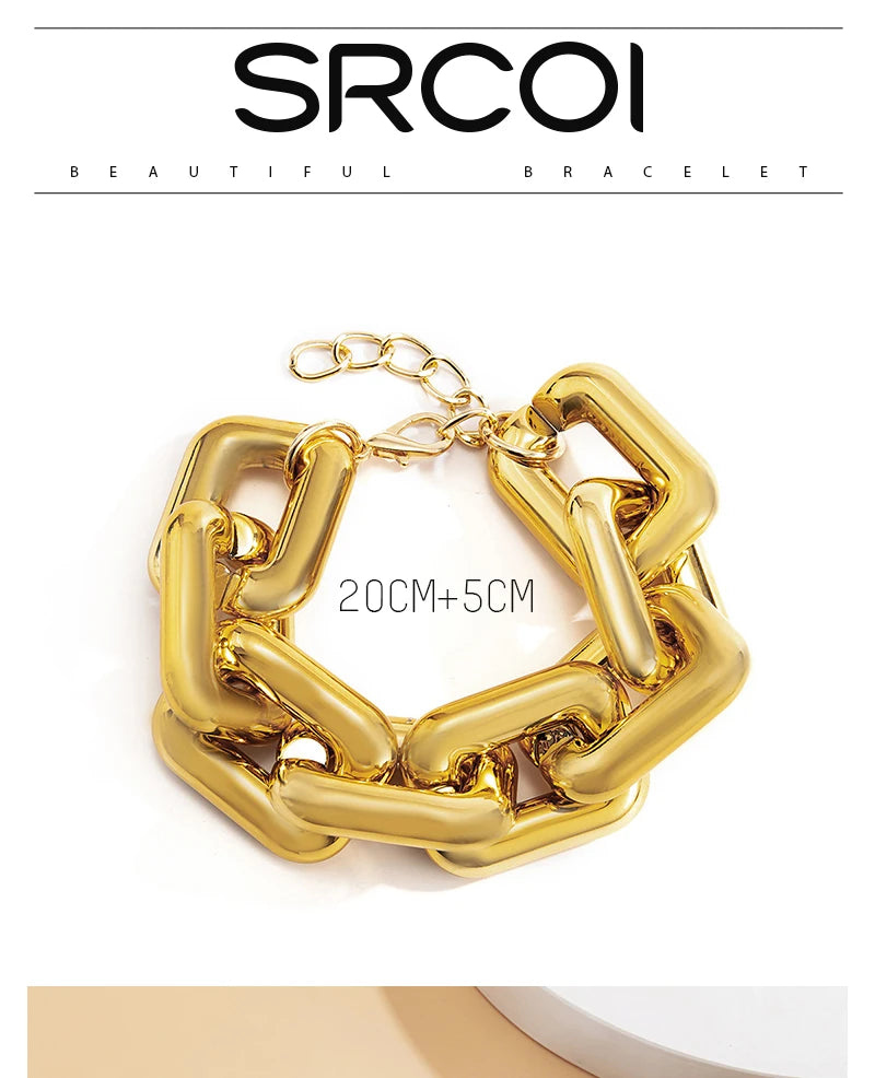 SRCOI Simple Punk CCB Chain Bracelet Exaggerated Geometric Square Twisted Thick Link Chain Bracelet Women Hip Hop Jewelry