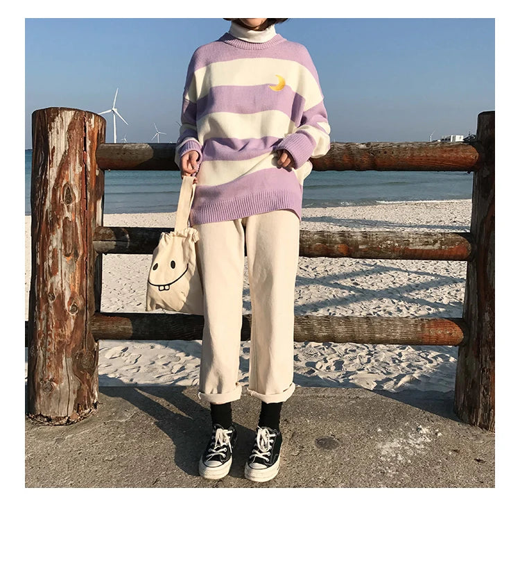 Women's Sweaters Kawaii Ulzzang College Candy Color Stripes Moon Sets Embroidery Sweater Female Harajuku Clothing For Women