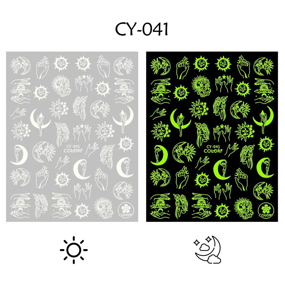 1pcs 3D Luminous Nail Stickers Flame Butterfly Star Moon Glitter Design Glow in The Dark Slider Manicure Decorations JICY028-036