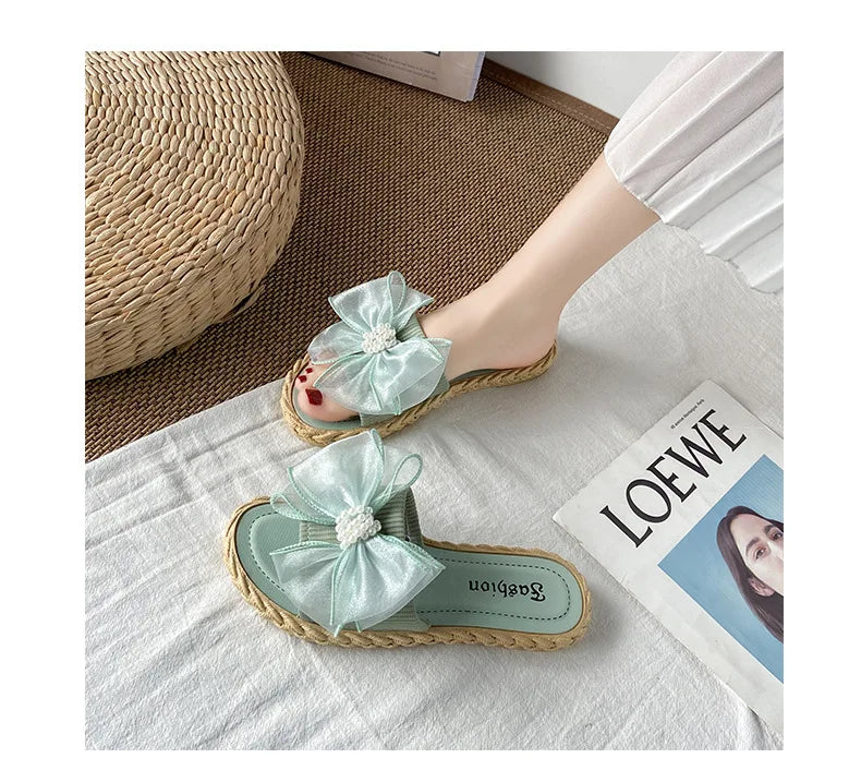 Women Summer Slippers Online Celebrity Slippers Ins New Joker Korean Fairy Wind Mesh Bow Word Drag Breathable Wear-resistant