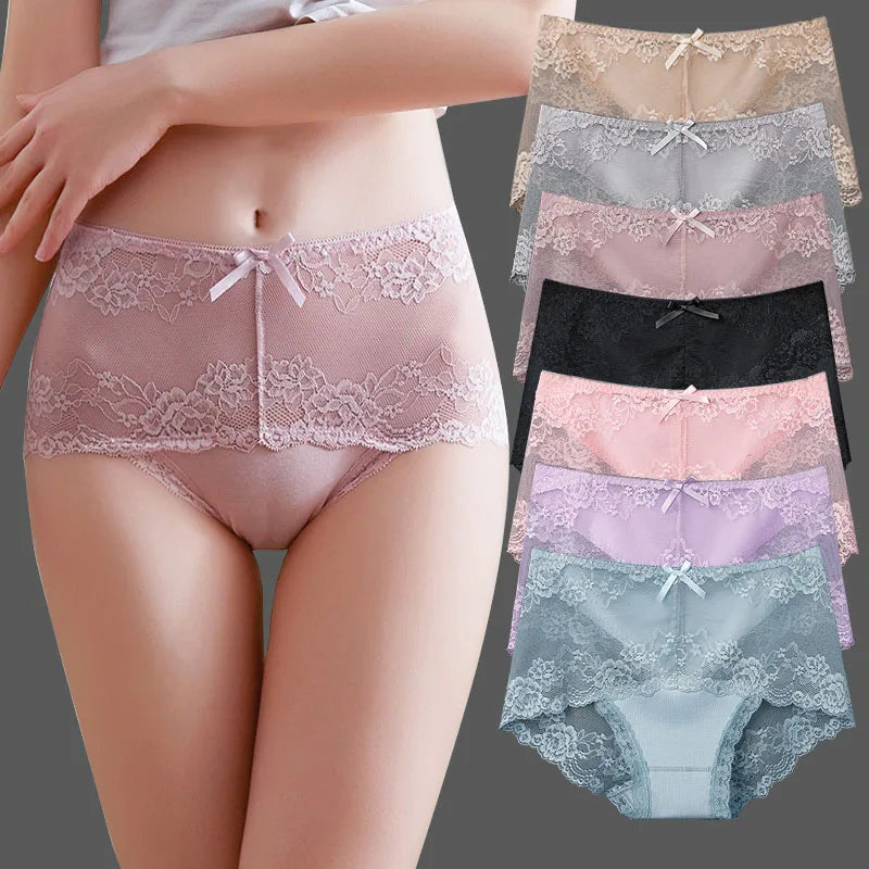 7Pcs Cotton Women's underwear lace transparent panties comfortable antibacterial plus size pants female sexy lingerie