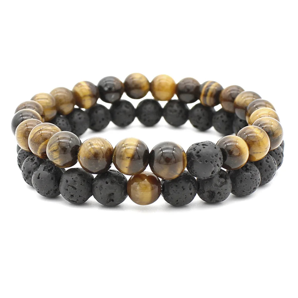 Women Men 8mm Beaded Natural Stone Bracelet Couples Lover Agate Quartz Lava Tiger Eye Healing Energy Bangle Yoga Jewelry
