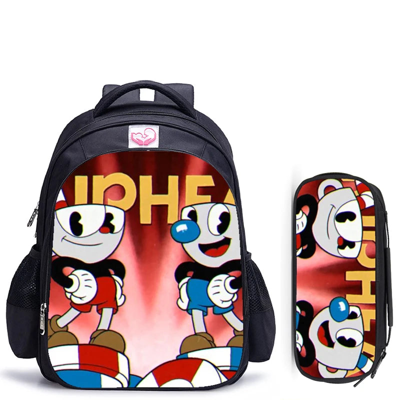 16 Inch Cuphead Game Mugman Children Backpack Lovely Schoolbag Boys and Girls Orthopedic Backpack Pencil Bag Sets