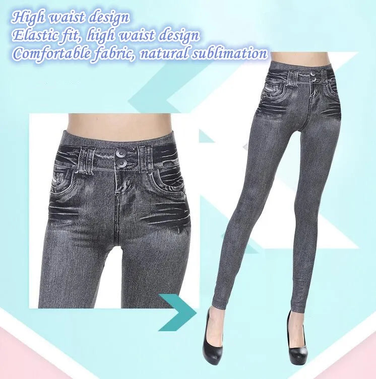 2023 Women's Spring and Summer Tight Imitation Jeans, Smart Slim Fashion, Large Tight Pants, False Pocket Women's Fitness Pants