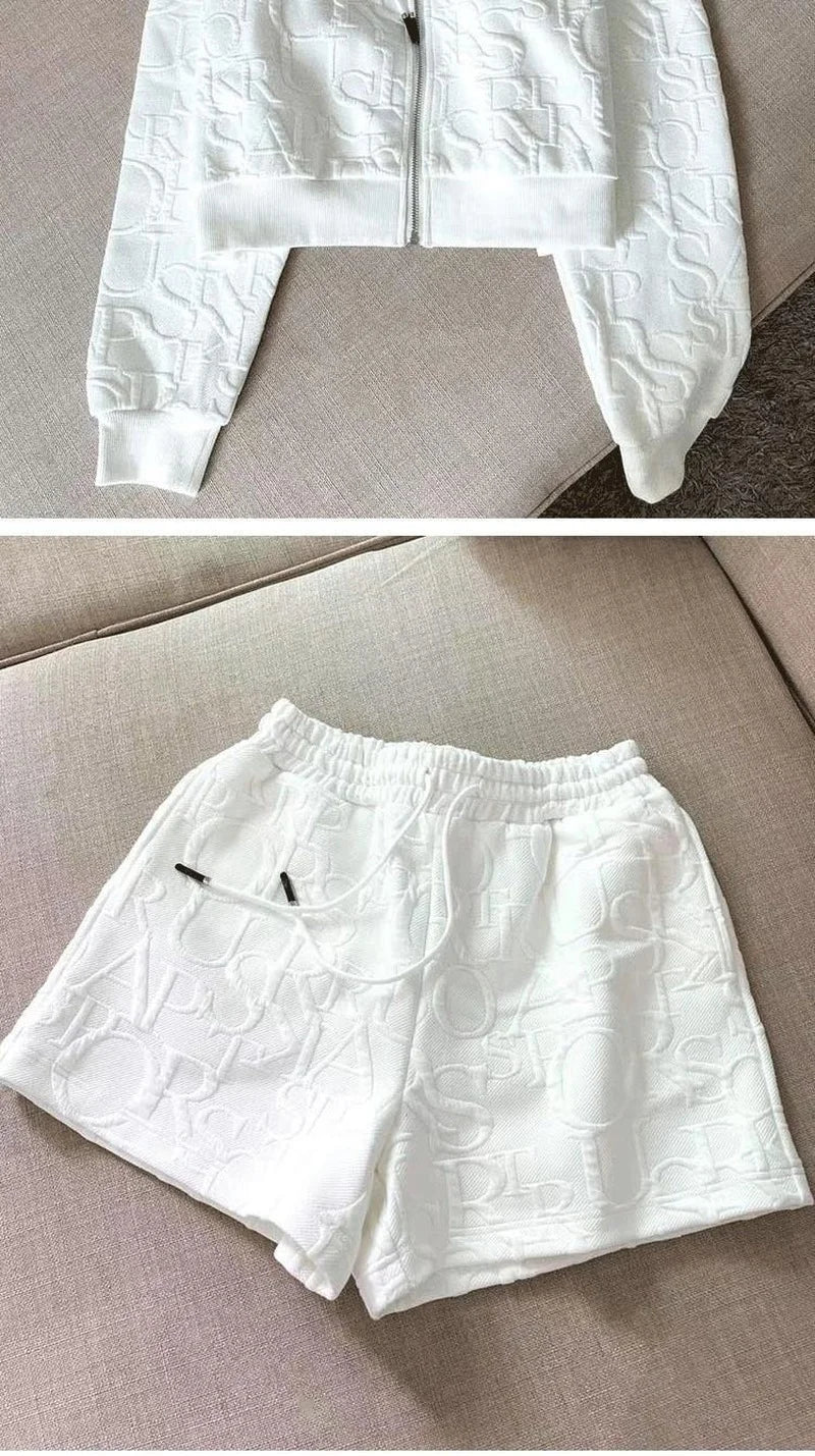 2 Piece Sets Womens Outfits Spring Fashion Skinny Hooded Short Jacket and Shorts Knitted Jacquard Designer Fall Women Clothing