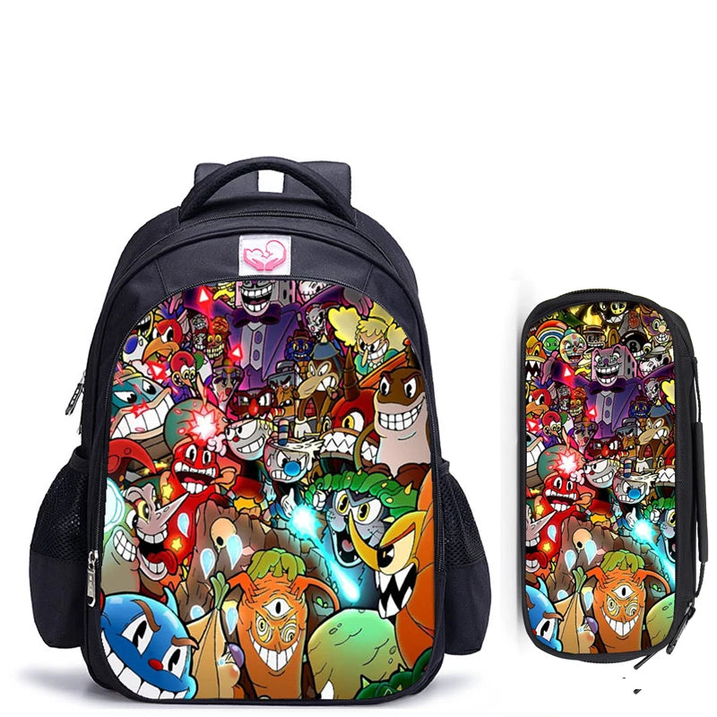 16 Inch Cuphead Game Mugman Children Backpack Lovely Schoolbag Boys and Girls Orthopedic Backpack Pencil Bag Sets