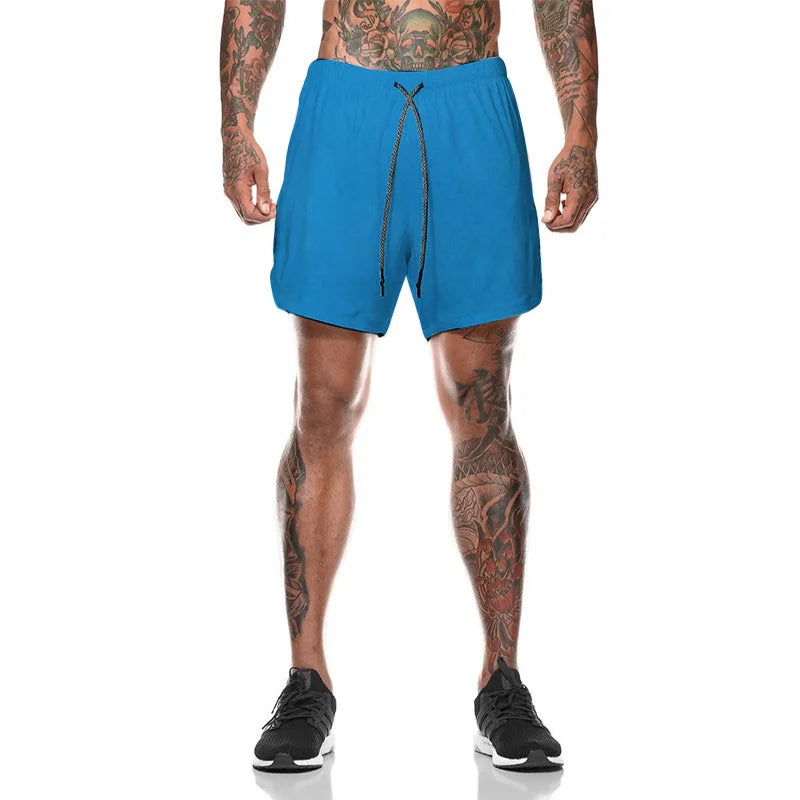 2024 European Men's Sports Summer New Double Layer Mobile Phone Pants Gym Exercise Jogging Training Shorts