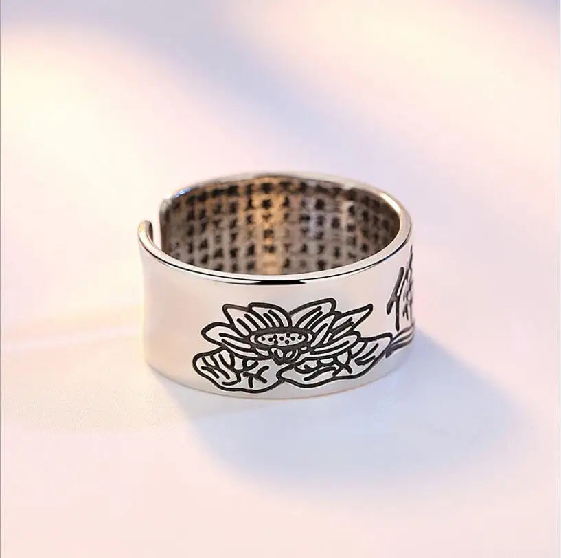 925 Sterling Silver Jewelry Vintage Amulet Buddha Lotus Baltic Buddhist Scriptures Opening Rings For Men Women S-R90