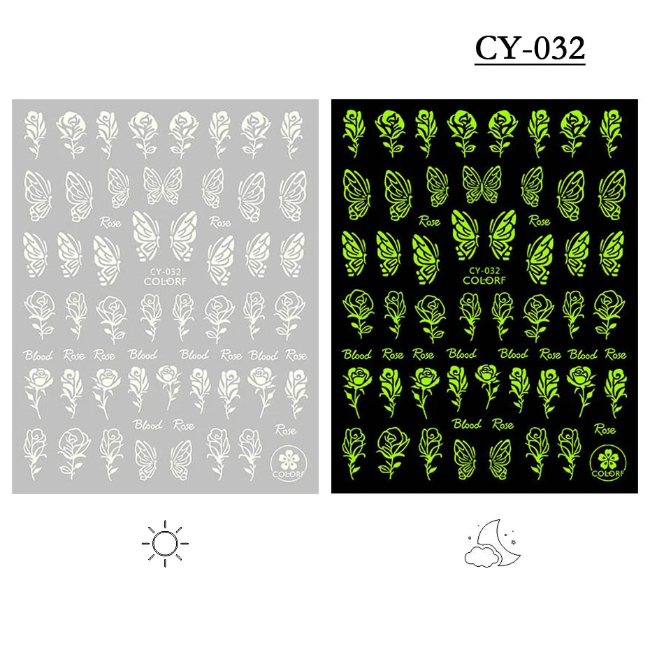 1pcs 3D Luminous Nail Stickers Flame Butterfly Star Moon Glitter Design Glow in The Dark Slider Manicure Decorations JICY028-036