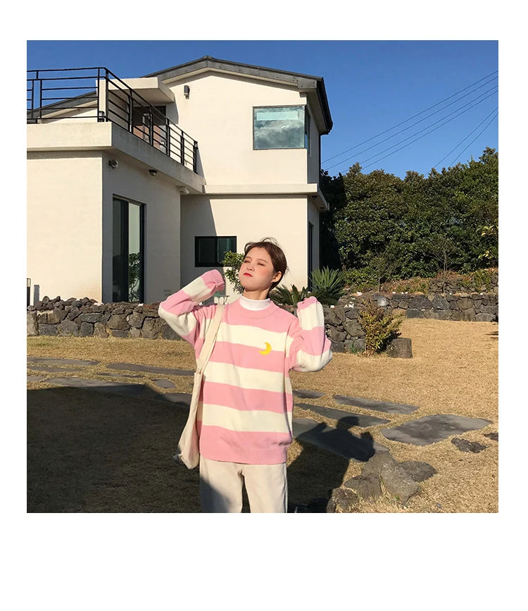 Women's Sweaters Kawaii Ulzzang College Candy Color Stripes Moon Sets Embroidery Sweater Female Harajuku Clothing For Women