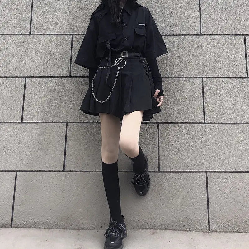 Y2K Gothic Shirt Set Skirt Women Emo Scene Harajuku Grunge Clothes Egirl Techwear Skirt BF Top Aesthetic Jupe Femme Mall Goth