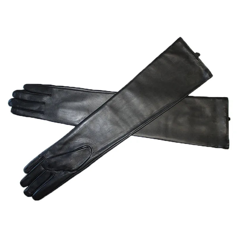 Touch Screen Extra Long Leather Sheepskin Gloves Women's Black Fashion Simple Straight Style Velvet Lining Winter Warm Sleeve