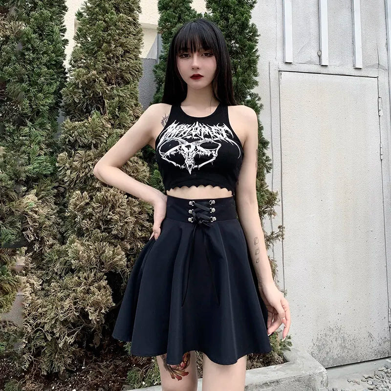 Women's Basic Versatile Flared Casual Mini Skater Skirt High Waisted School Goth Punk Black Skirt Harajuku