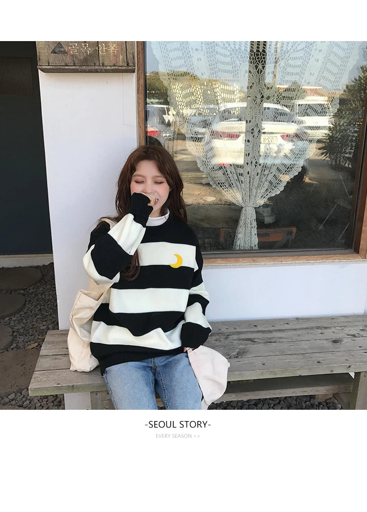Women's Sweaters Kawaii Ulzzang College Candy Color Stripes Moon Sets Embroidery Sweater Female Harajuku Clothing For Women