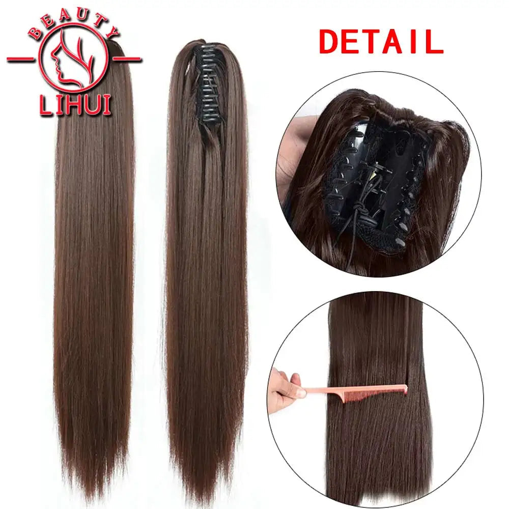22" Synthetic Women Claw on Ponytail Clip in Hair Extensions Straight Style Pony Tail Hairpiece Ombre Brown Blonde Viralgem Store