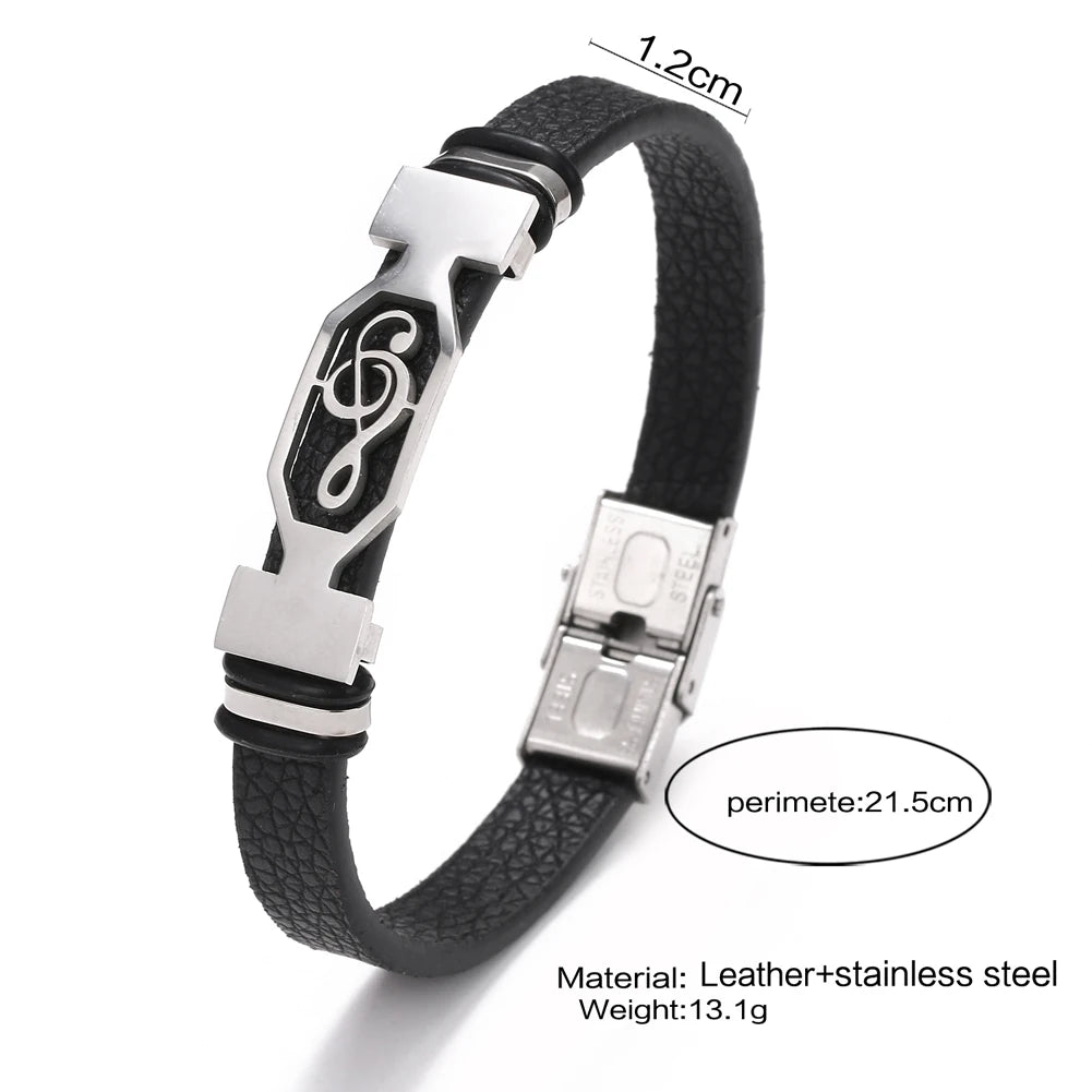2024 Trend Personalized Jewelry Titanium Steel Leather Bracelet Men Vintage Stainless Steel Music Symbol Cuff Bracelet Pulsera H Viralgem Store