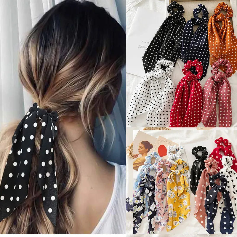 2020 Women Streamers Scrunchies Polka Dot Print Elastic Bow Hair Rope Girl Hair Ties Korean Sweet Hair Accessories Headwear Viralgem Store