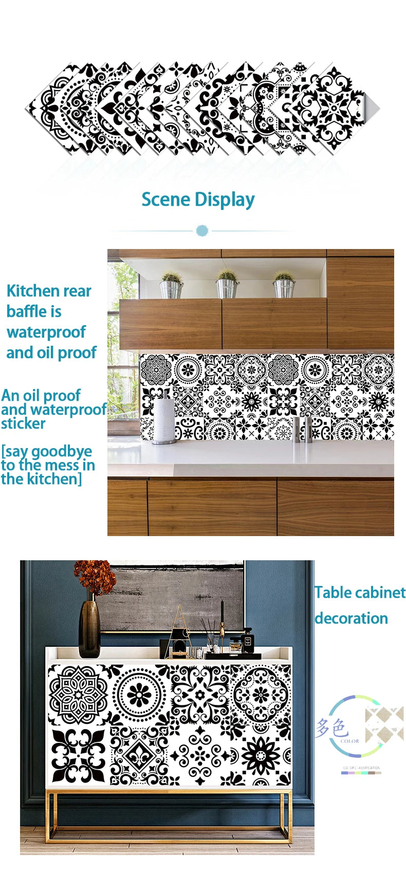 16pcs/set Black & White Tiles Sticker Kitchen Backsplash Wardrobe Bathroom Waterproof Peel & Stick Bright Film Art Wall Decals