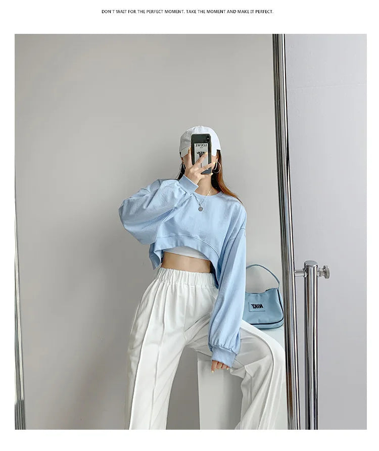Women Short Sweatshirts Autumn Ladies Korean O-Neck Long Sleeve Solid Color Bare Navel Cropped Loose Pullover Top