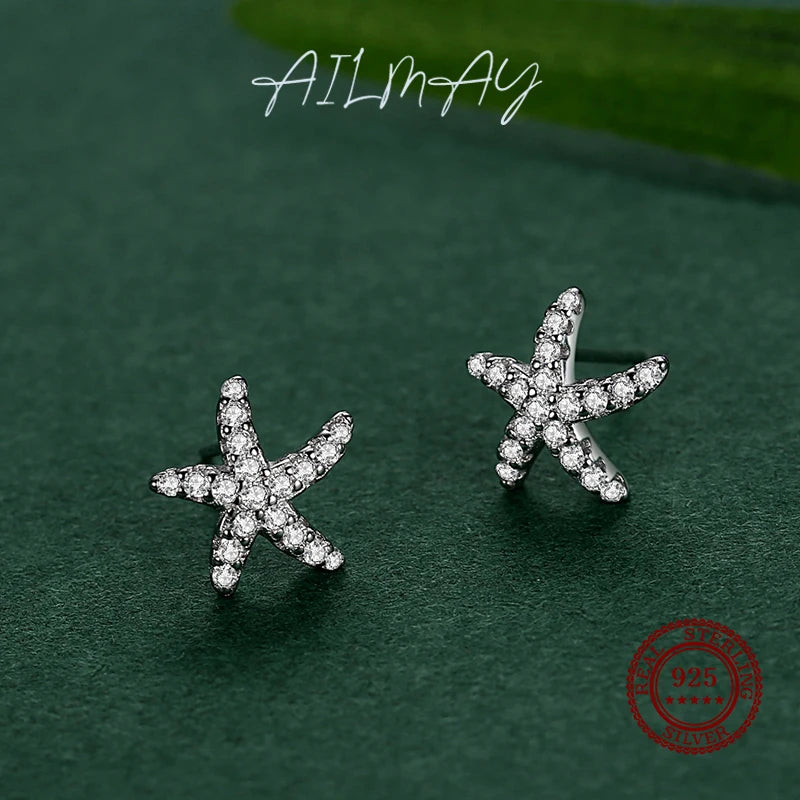 Ailmay Wedding Engagement Real 925 Sterling Silver Starfish Shape Shiny Zircon Stud Earring Star For Women Fine Shape Jewelry