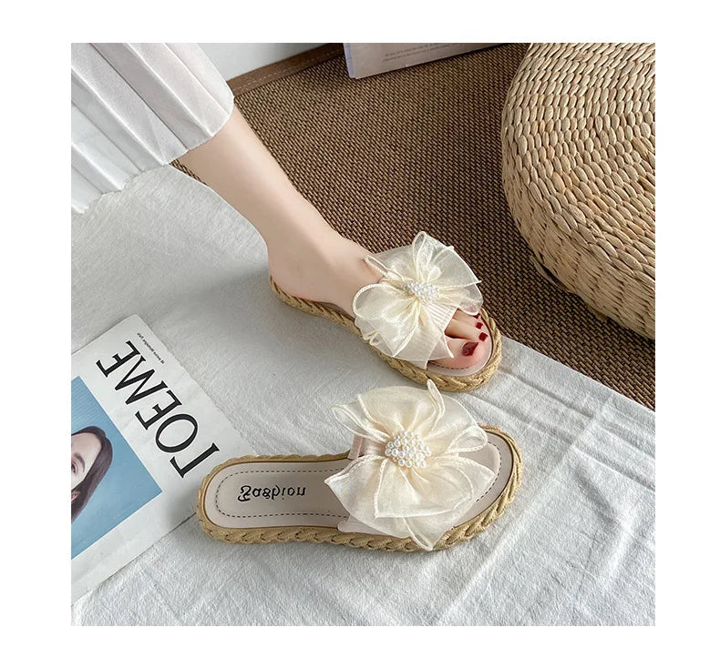 Women Summer Slippers Online Celebrity Slippers Ins New Joker Korean Fairy Wind Mesh Bow Word Drag Breathable Wear-resistant