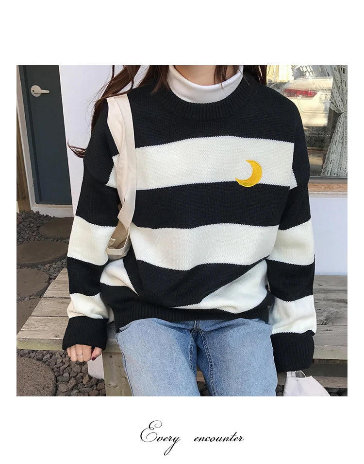 Women's Sweaters Kawaii Ulzzang College Candy Color Stripes Moon Sets Embroidery Sweater Female Harajuku Clothing For Women