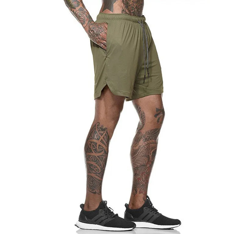 2024 European Men's Sports Summer New Double Layer Mobile Phone Pants Gym Exercise Jogging Training Shorts