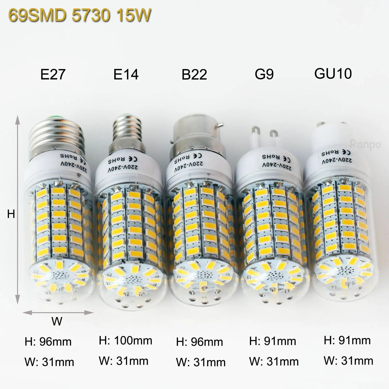 Super Brightness 7W-15W LED Corn Light Bulbs E27 E14 B22 G9 GU10 Screw 24/36/48/56/69/72 LED Chips White Lampada 220V Ampoule Viralgem Store