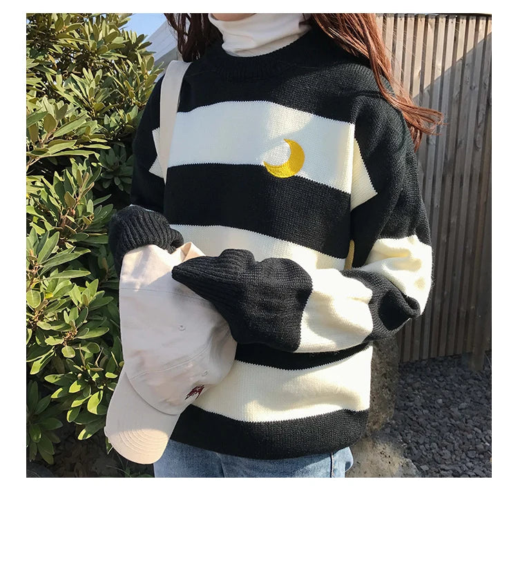 Women's Sweaters Kawaii Ulzzang College Candy Color Stripes Moon Sets Embroidery Sweater Female Harajuku Clothing For Women