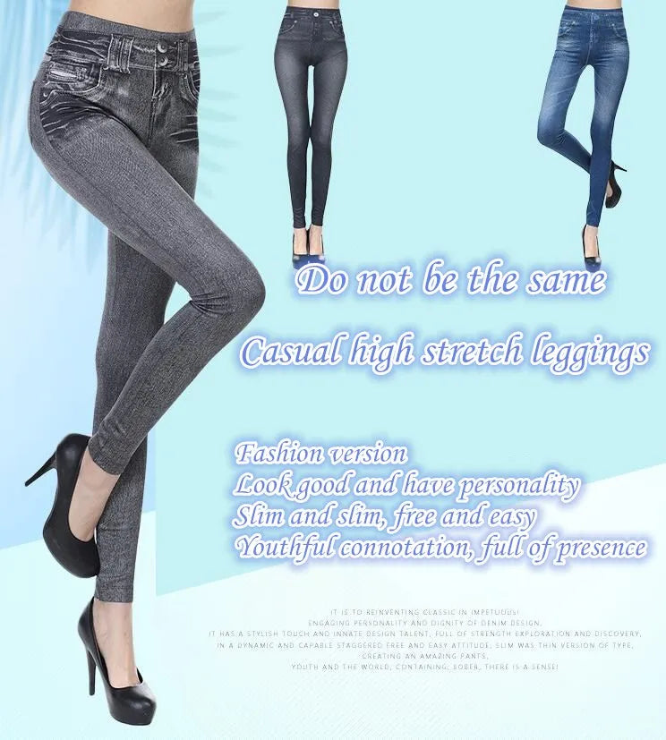 2023 Women's Spring and Summer Tight Imitation Jeans, Smart Slim Fashion, Large Tight Pants, False Pocket Women's Fitness Pants