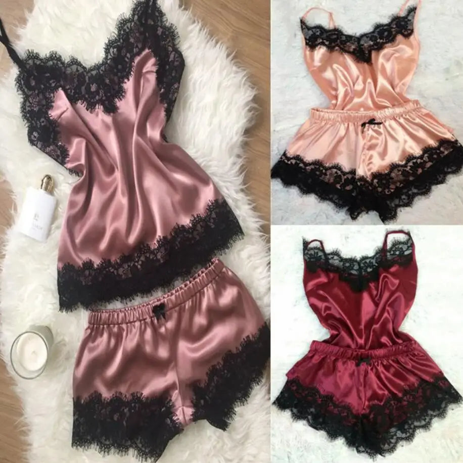 2024 New Women Bow Sleepwear Sleeveless Strap Nightwear Lace Trim Satin Cami Top Pajama Sets femme sexy lingerie pyjamas women Viralgem Store