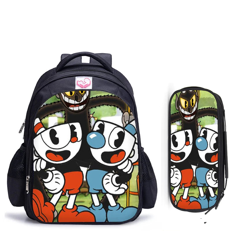 16 Inch Cuphead Game Mugman Children Backpack Lovely Schoolbag Boys and Girls Orthopedic Backpack Pencil Bag Sets
