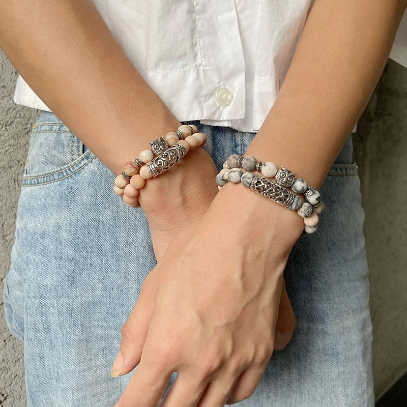2Pcs/set Classic Owl Charm Bracelet Natural Stone Tiger Eye Lava Aquamarine Pink Zebra Bracelets Set For Women Men Yoga Jewelry