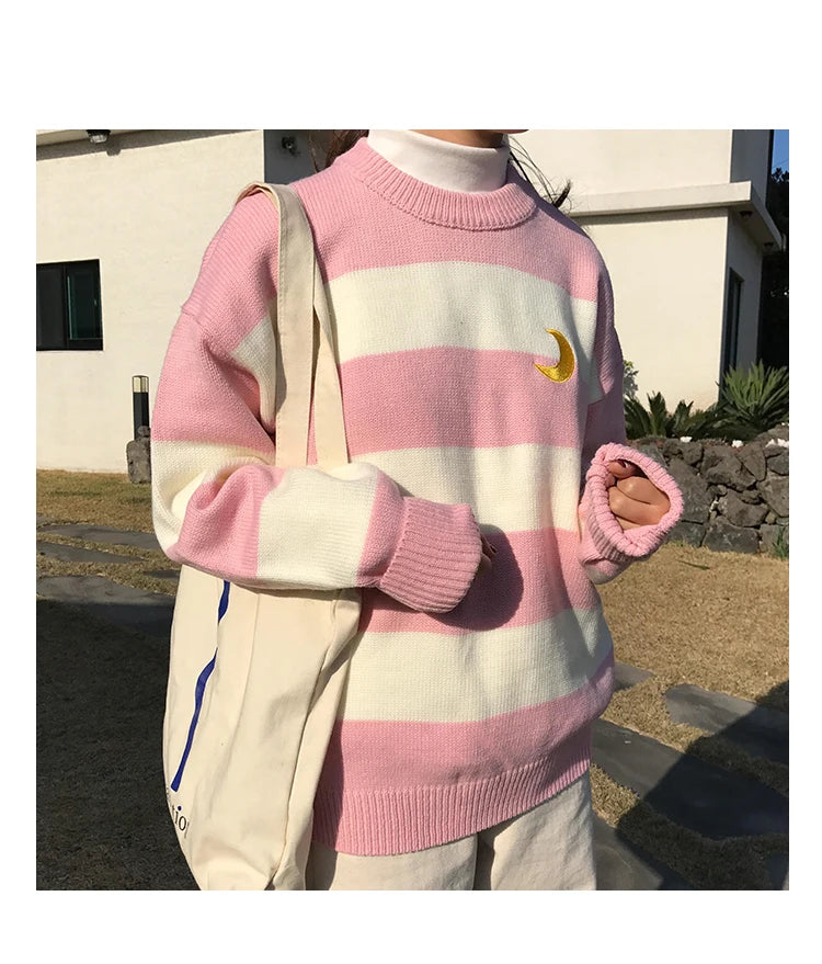 Women's Sweaters Kawaii Ulzzang College Candy Color Stripes Moon Sets Embroidery Sweater Female Harajuku Clothing For Women