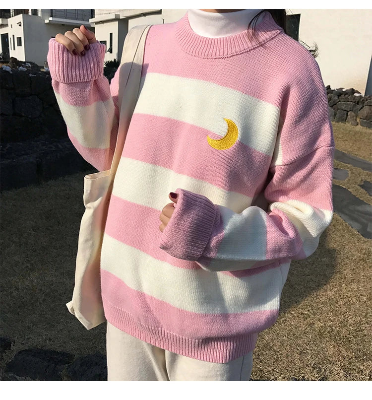 Women's Sweaters Kawaii Ulzzang College Candy Color Stripes Moon Sets Embroidery Sweater Female Harajuku Clothing For Women